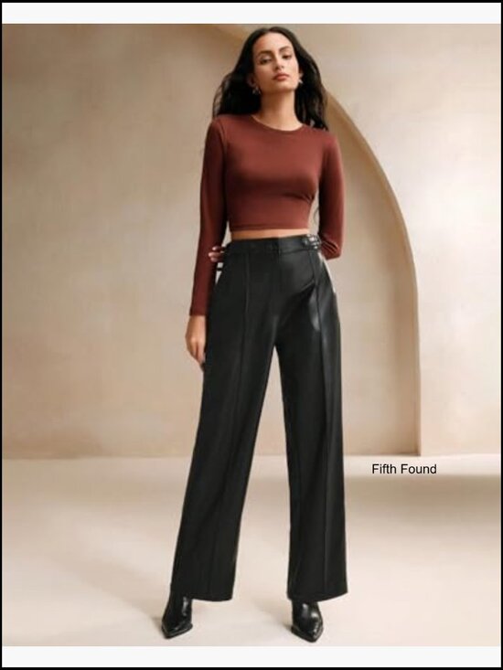 High Waist Wide Leg Faux Leather Palazzo Pants Business Casual Trousers - Picture 3 of 6
